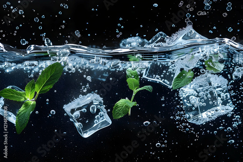 Ice cubes and mint leaves s...