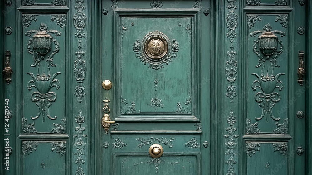 Fototapeta premium A close-up photograph of an intricately carved and ornate green door with multiple brass doorknobs.