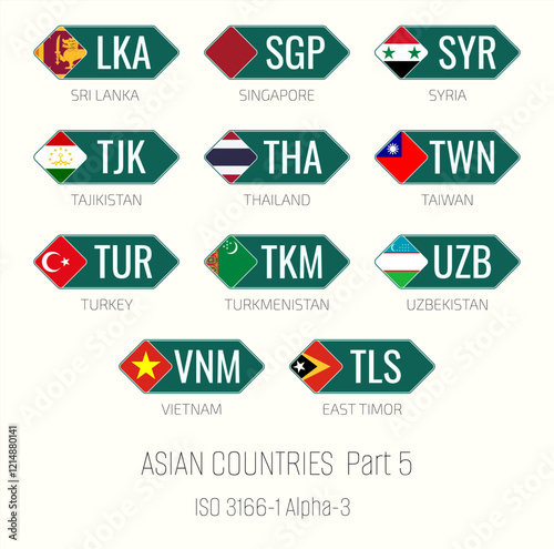 Set of vector illustrations of ISO 3166 1 alpha 3 and flags of Asian countries. Part 5.
