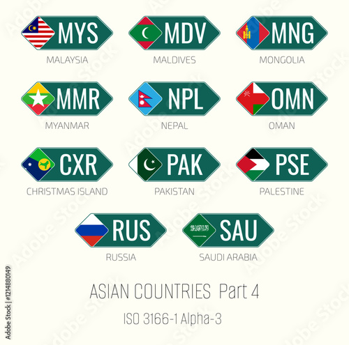 Set of vector illustrations of ISO 3166 1 alpha 3 and flags of Asian countries. Part 4.