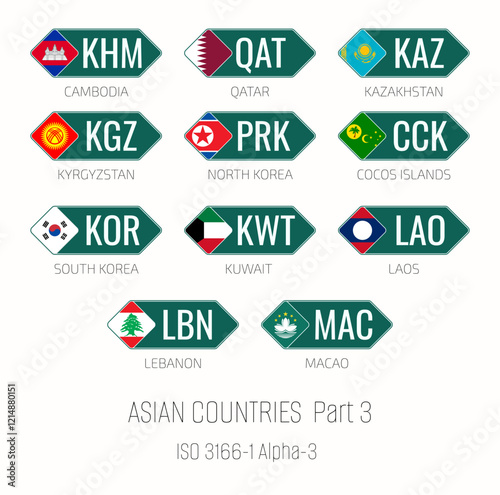 Set of vector illustrations of ISO 3166 1 alpha 3 and flags of Asian countries. Part 3.