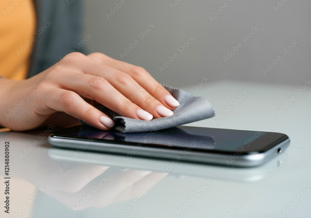 Cleaning smartphone screen with microfiber cloth in a tidy indoor space during daylight Cleaning smartphone screen with microfiber cloth in a tidy indoor space during daylight