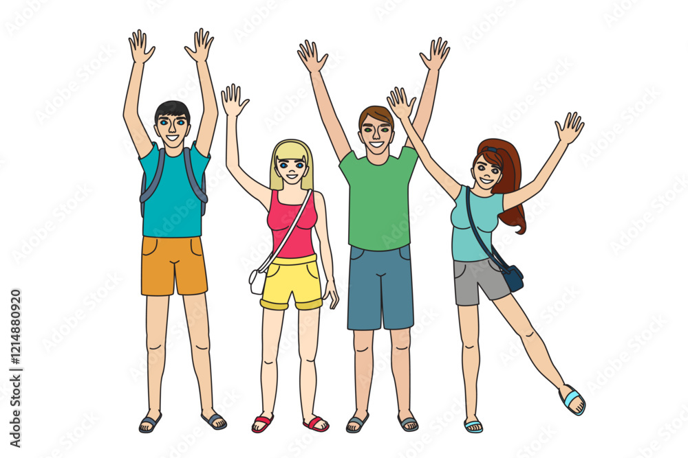 Fototapeta premium vector Happy friends black outline. Cartoon summer clip art isolated on transparent background. Hand drown design.
