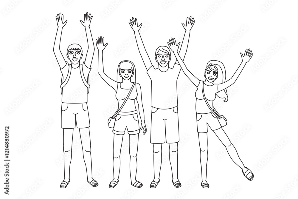 vector Happy friends black outline. Cartoon summer clip art isolated on transparent background. Hand drawn sketch. vector Happy friends black outline. Cartoon summer clip art isolated on transparent background. Hand drawn sketch.