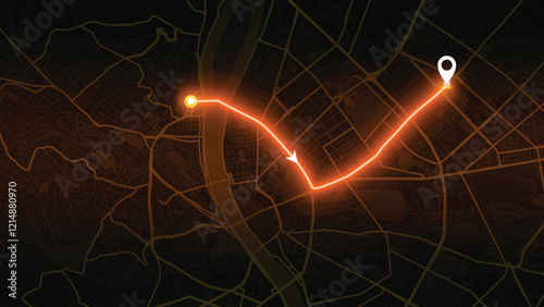 orange neon GPS road map of Budapest with the arrow that moves to the point of destination