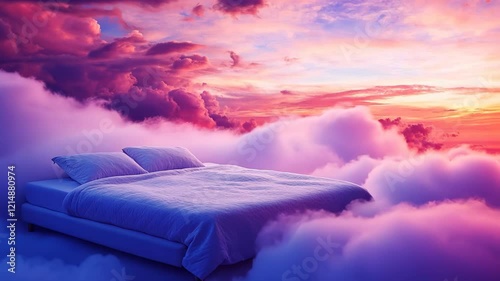 Serene bed floating above soft clouds at sunset surrounded by vibrant colors and tranquil atmosphere