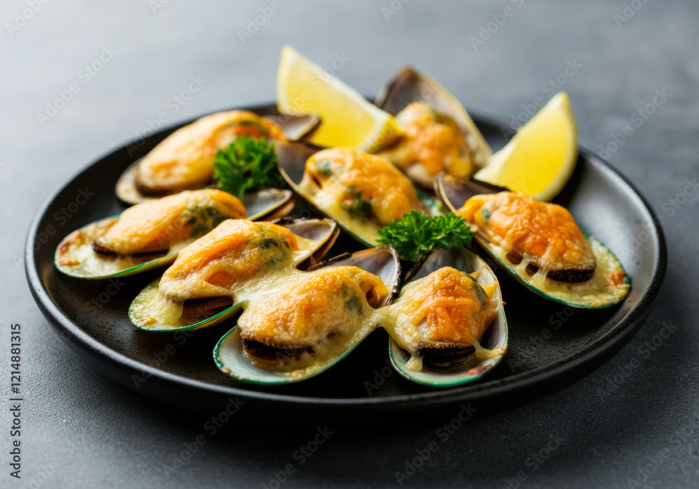 Mussels topped with cheese and herbs on a black plate garnished with lemon wedges in a modern dining setting Mussels topped with cheese and herbs on a black plate garnished with lemon wedges in a modern dining setting