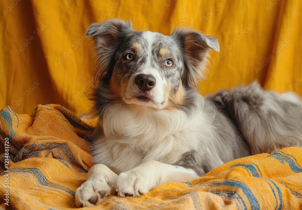 Adorable Australian Shepherd with Blue Eyes Relaxing on Warm Orange Blanket, Capturing the Essence of Playful Pets and Cozy Home Environments Adorable Australian Shepherd with Blue Eyes Relaxing on Warm Orange Blanket, Capturing the Essence of Playful Pets and Cozy Home Environments