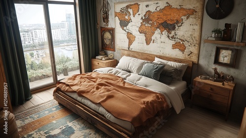 Cozy Bedroom with Vintage World Map and City View. photo