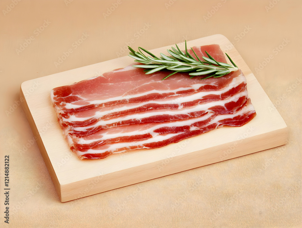 Slices of Fresh Meat Arranged on a Wooden Board, Garnished with Rosemary Sprig Slices of Fresh Meat Arranged on a Wooden Board, Garnished with Rosemary Sprig