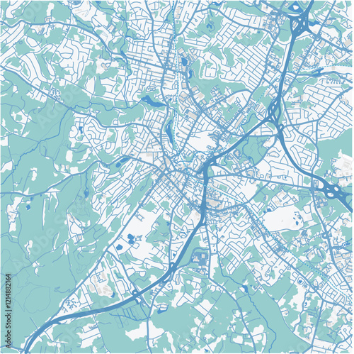 Map of Morristown in New Jersey in a professional blue style. Contains layered vector with roads water, parks, etc.