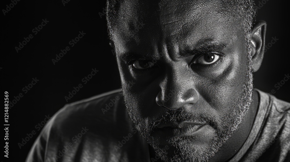Obraz premium Eyes of Intensity: Cinematic Black-and-White Portrait of Focused Man with Tensed Arms
