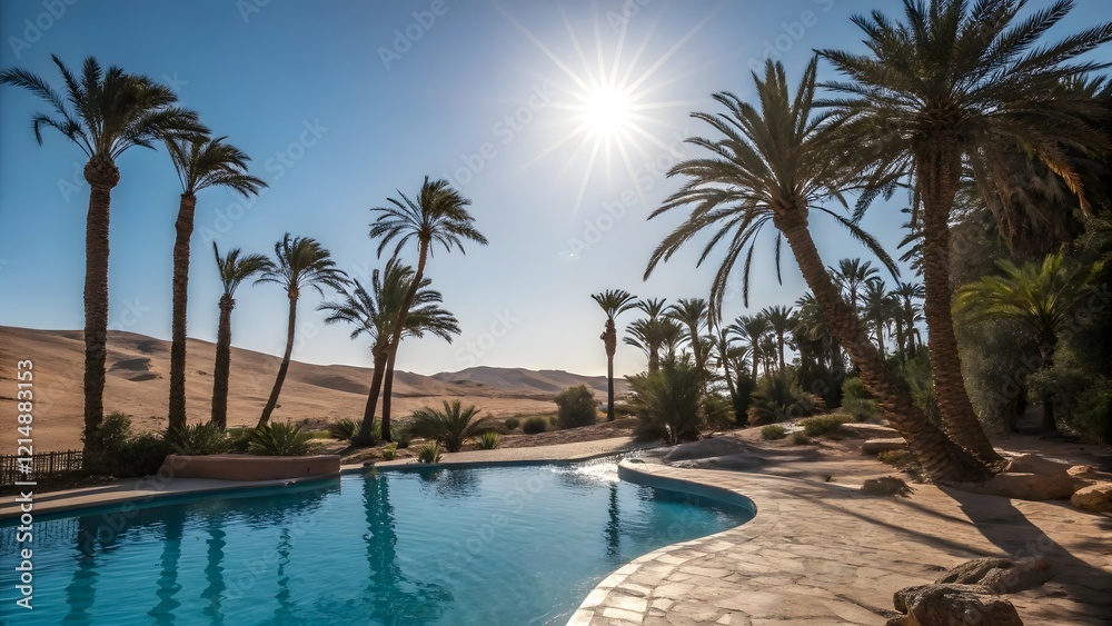 Fototapeta premium Oasis Pool Desert Palm Trees Luxury Resort Sunny Day