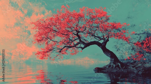 A minimalist red tree with intricate branches and roots, representing growth, connection, and balance. Suitable for tech, education, and modern art themes. photo