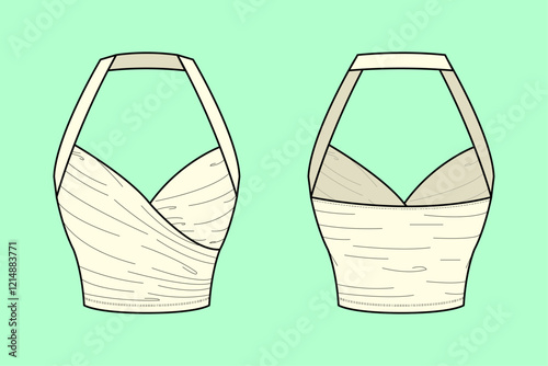Women strap woven blouse outline technical clothing drawing flat sketch, CAD, Mockup