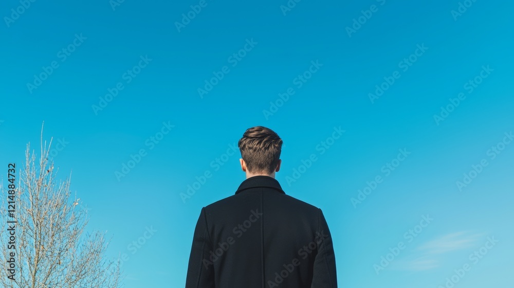 Majestic Man in Black Coat Standing Tall Against Vibrant Blue Sky - Cinematic Ultra-Detailed Low Angle Shot Majestic Man in Black Coat Standing Tall Against Vibrant Blue Sky - Cinematic Ultra-Detailed Low Angle Shot