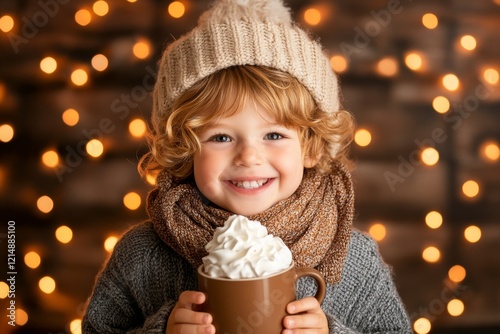 A young child bundled up in a scarf and hat, holding a mug of hot chocolate topped with whipped cream, smiling warmly