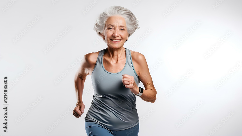 An energetic elderly woman runs joyfully in colorful sportswear, representing health and vitality. The image celebrates active aging and keeping fit, determination and enthusiasm. An energetic elderly woman runs joyfully in colorful sportswear, representing health and vitality. The image celebrates active aging and keeping fit, determination and enthusiasm.