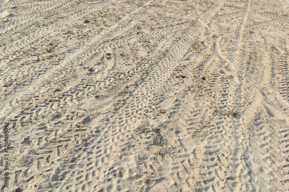 Tire tracks imprinted on sandy terrain. Pattern of vehicle tread marks on dry sand. Off-road vehicle tracks in a sandy environment. Tire tracks imprinted on sandy terrain. Pattern of vehicle tread marks on dry sand. Off-road vehicle tracks in a sandy environment.