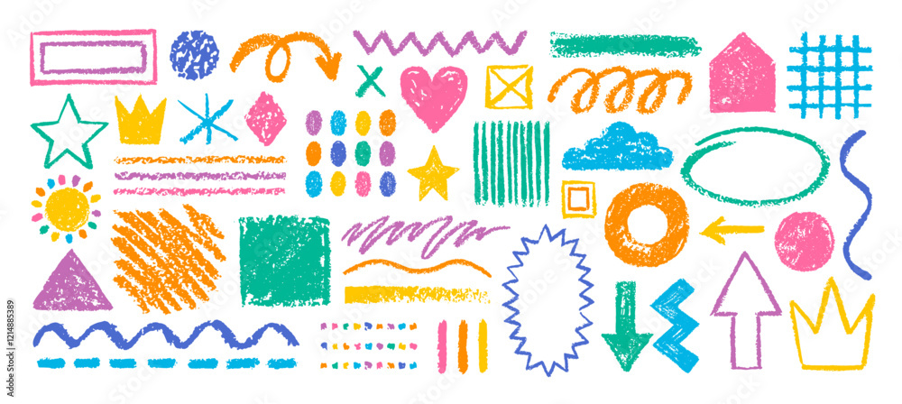 Crayon pencil vector set. Color lines and shapes with brush texture. Doodle paint background with chalk hand drawn elements. Sketch kid scribble, abstract children bg. Crayon shape, arrow circle heart