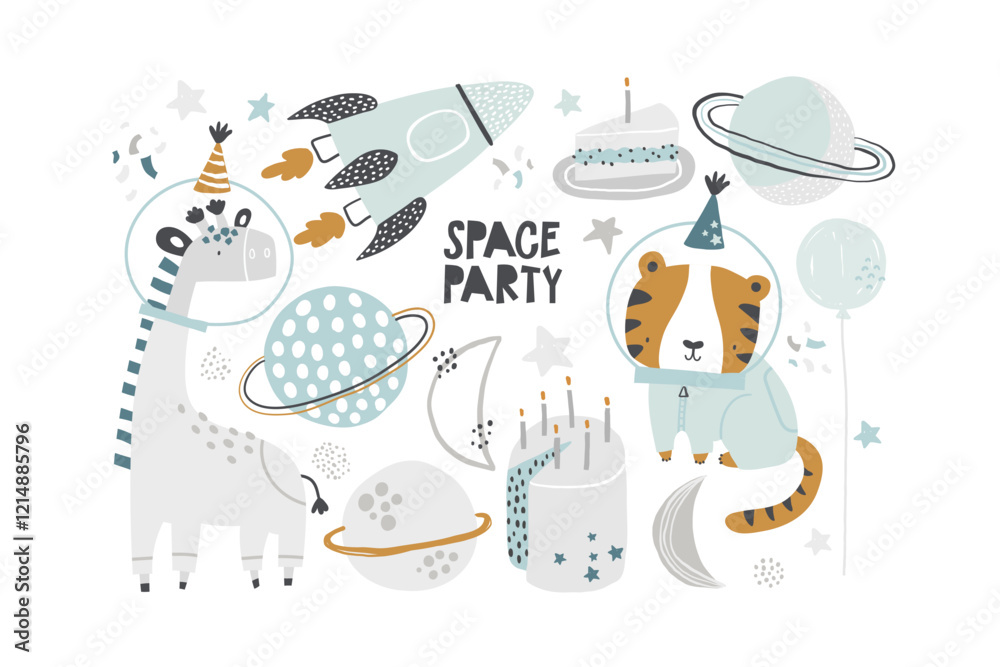 custom made wallpaper toronto digitalVector set with soap giraffe and tiger cosmonauts in birthday caps, cake with candles. Birthday. Space party for children. Planets, stars and rocket. Saturn, Moon. Cosmos elements. Space adventure.