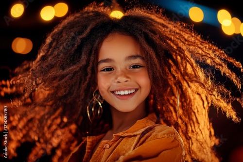 A young dancer twirling on stage with a radiant smile, their energy and excitement palpable as the audience claps in sync