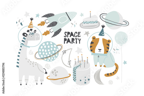 Vector set with soap giraffe and tiger cosmonauts in birthday caps, cake with candles. Birthday. Space party for children. Planets, stars and rocket. Saturn, Moon. Cosmos elements. Space adventure.