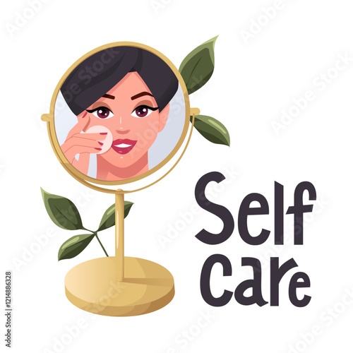 Self care concept. Young woman in the mirror reflection. Skincare routine, spa and wellness. Vector illustration for banner, card or poster.