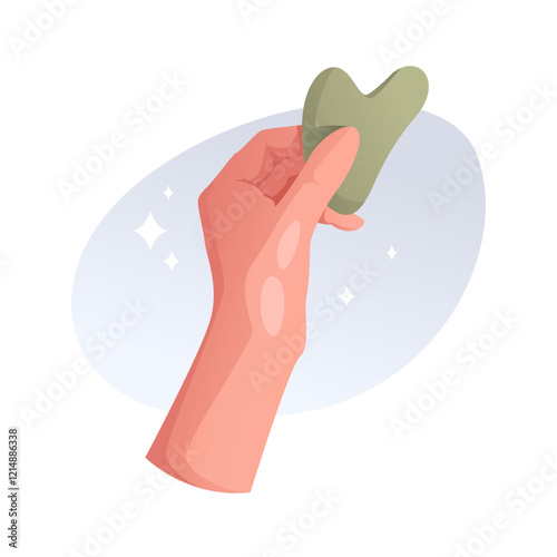 Self care. Gouache scraper in woman's hand for face massage.  Beauty, skin care concept. Vector illustration for banner, card or poster.