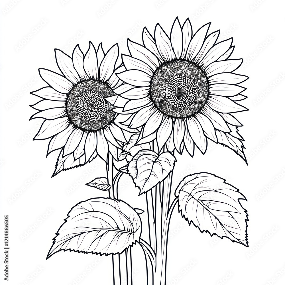 Fototapeta premium Two Sunflowers, Line Art, White Background, Coloring Page