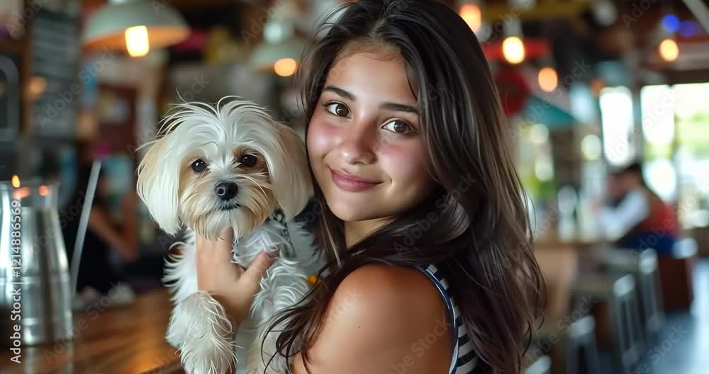 A young woman with long dark hair, wearing a striped tank top, lovingly holds a small fluffy white dog in a cozy cafe setting with warm bokeh lights A young woman with long dark hair, wearing a striped tank top, lovingly holds a small fluffy white dog in a cozy cafe setting with warm bokeh lights