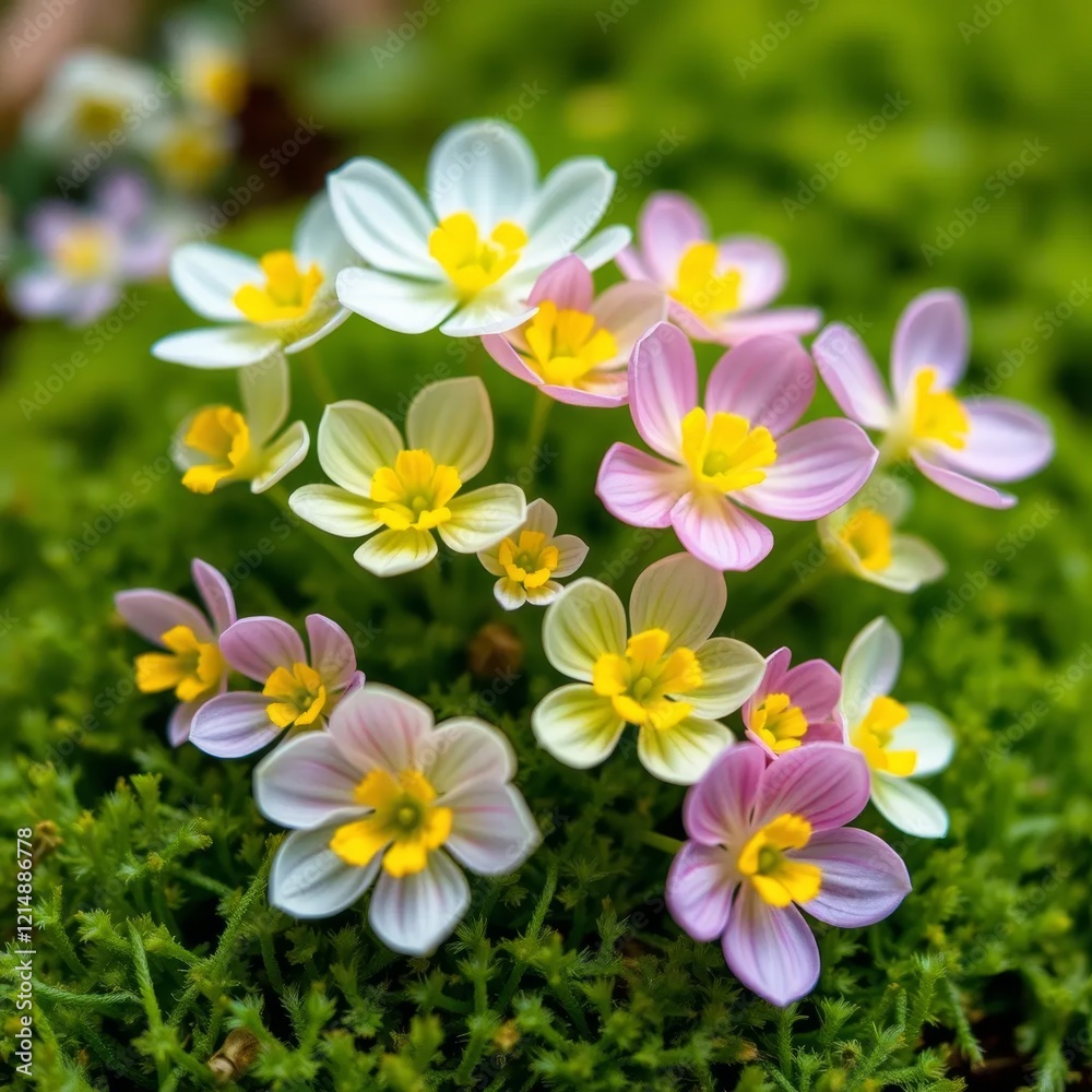 A cluster of intricately detailed, small wildflowers with a gradient of colors A cluster of intricately detailed, small wildflowers with a gradient of colors