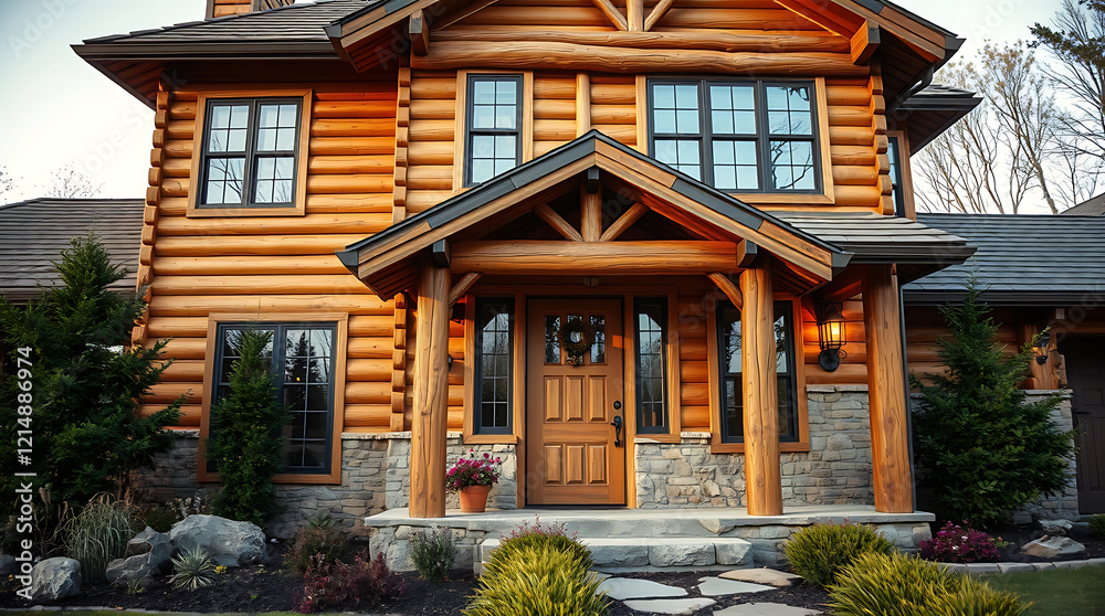Obraz premium Magnificent Log House Exterior: A Rustic Retreat in the Fall. Discover the charm of this stunning timber home nestled in nature, showcasing exquisite architectural details and landscaping.