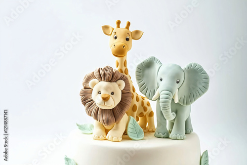 Whimsical safari animal cake with giraffe, lion, and elephant fondant figures, on white background photo