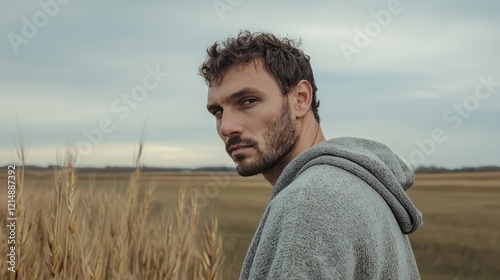 Contemplative Man in Soft Sweater Standing on Rural Track gazing into Overcast Horizon - Cinematic Ultra-Detailed Image