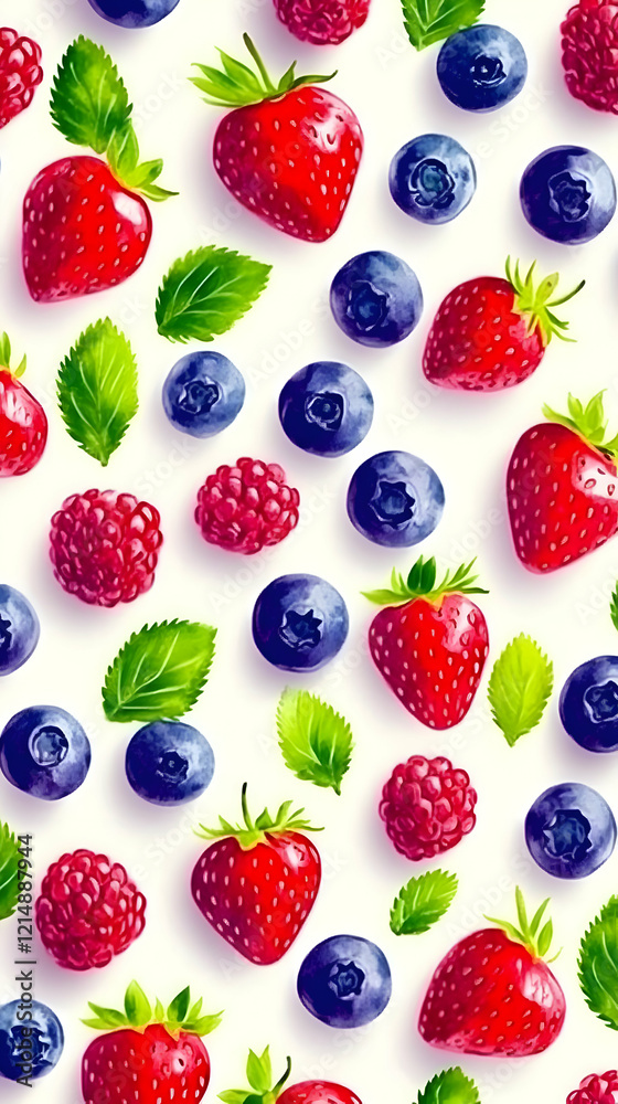 Colorful Mixed Berries Pattern Shows Strawberries, Blueberries, and Raspberries with Green Leaves on a White Background. Colorful Mixed Berries Pattern Shows Strawberries, Blueberries, and Raspberries with Green Leaves on a White Background.