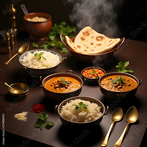 cuisine fried rice with shrimp, beef steaks and vegetables with rice and bread, Indian meal on the table, chicken curry and rice photo