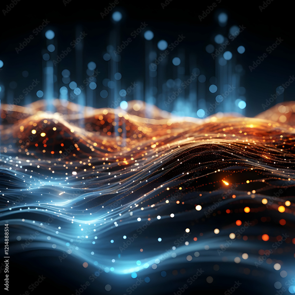 Obraz premium Abstract 3D Background Forms Glowing Waves with Soft Bokeh Lights Dynamically