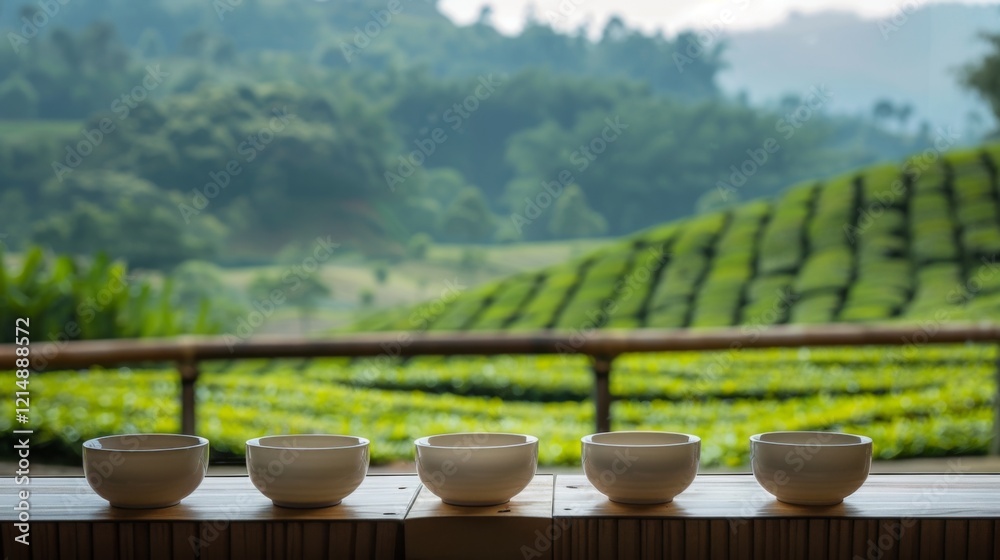 A row of white ceramic cups neatly arranged on a wooden table with a scenic green tea plantation background ideal for tea tasting and hospitality promotions
A row of white ceramic cups neatly arranged on a wooden table with a scenic green tea plantation background ideal for tea tasting and hospitality promotions
