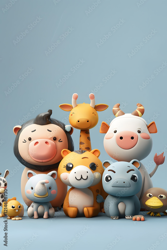 Group of cute, friendly-looking, 3d-rendered cartoon animals is posing on a light blue background Group of cute, friendly-looking, 3d-rendered cartoon animals is posing on a light blue background