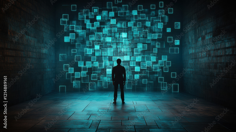 Hallucination, A digital illustration of a figure standing in a room with textured walls, showcasing high fidelity and detailed rendering. Hallucination, A digital illustration of a figure standing in a room with textured walls, showcasing high fidelity and detailed rendering.