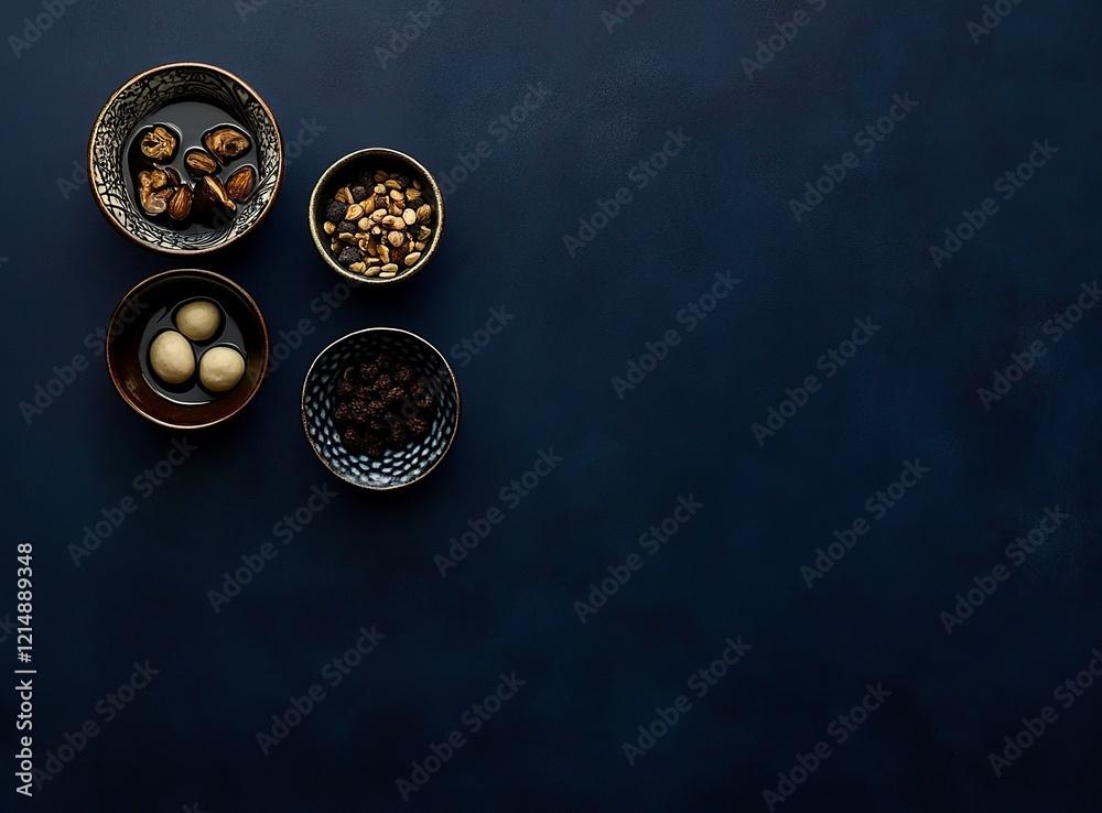 Arabic food collection on a dark blue background with copy space, flat lay top view. Stock photo contest winner, 20k, high resolution, 35mm lens, f/8. Ultra-realistic photography.