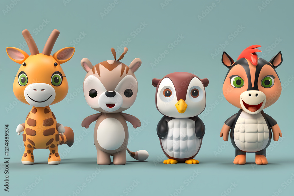 Obraz premium Giraffe, honey badger, penguin, and zebra posing against a blue backdrop