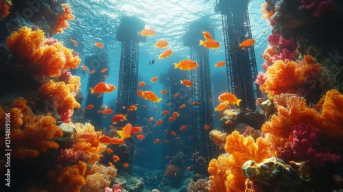 Underwater view of a rig platform in the Gulf showcasing vibrant corals and marine life with schools of fish swimming around structural pillars