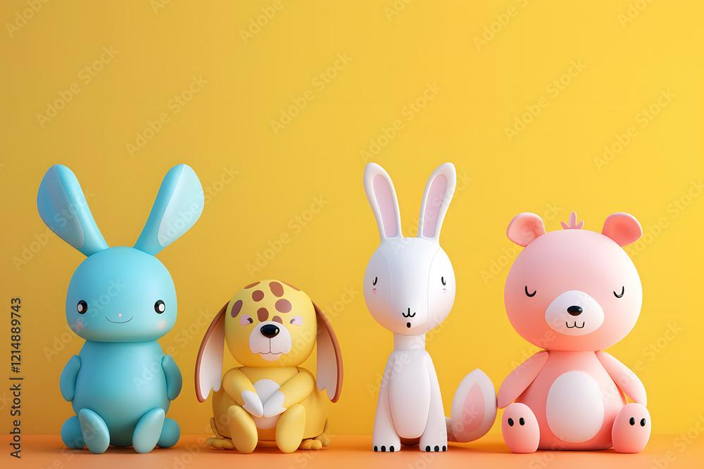 3d rendering of a blue rabbit, yellow dog, white rabbit, and pink bear toy sitting on an orange surface with a vibrant yellow backdrop