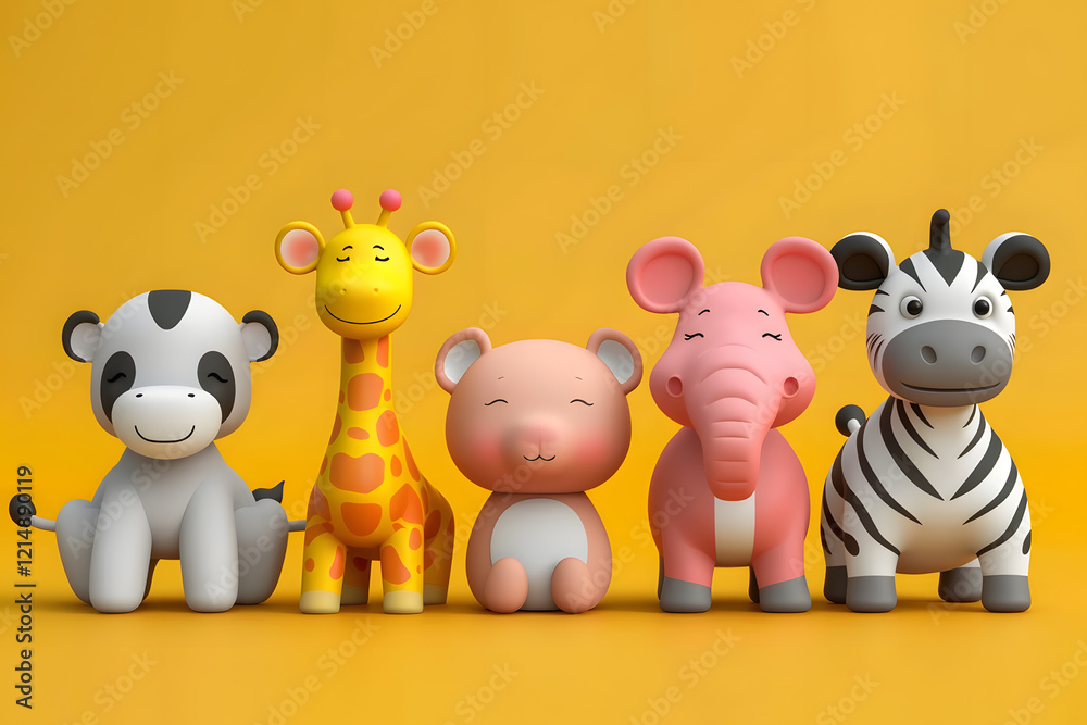 Naklejka premium Zebra, giraffe, monkey, bear, and elephant posing against a yellow backdrop