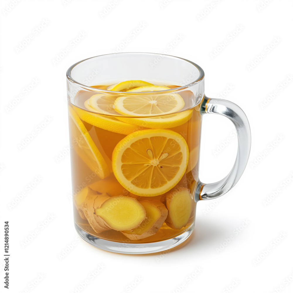 Healthy herbal ginger root and lemon infused tea in a glass mug - isolated on white Healthy herbal ginger root and lemon infused tea in a glass mug - isolated on white