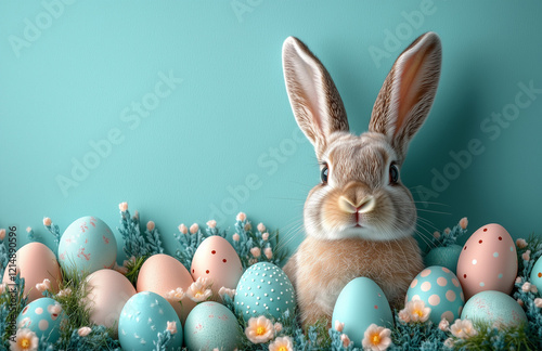 Easter eggs and a bunny on a green background with space. Easter concept
