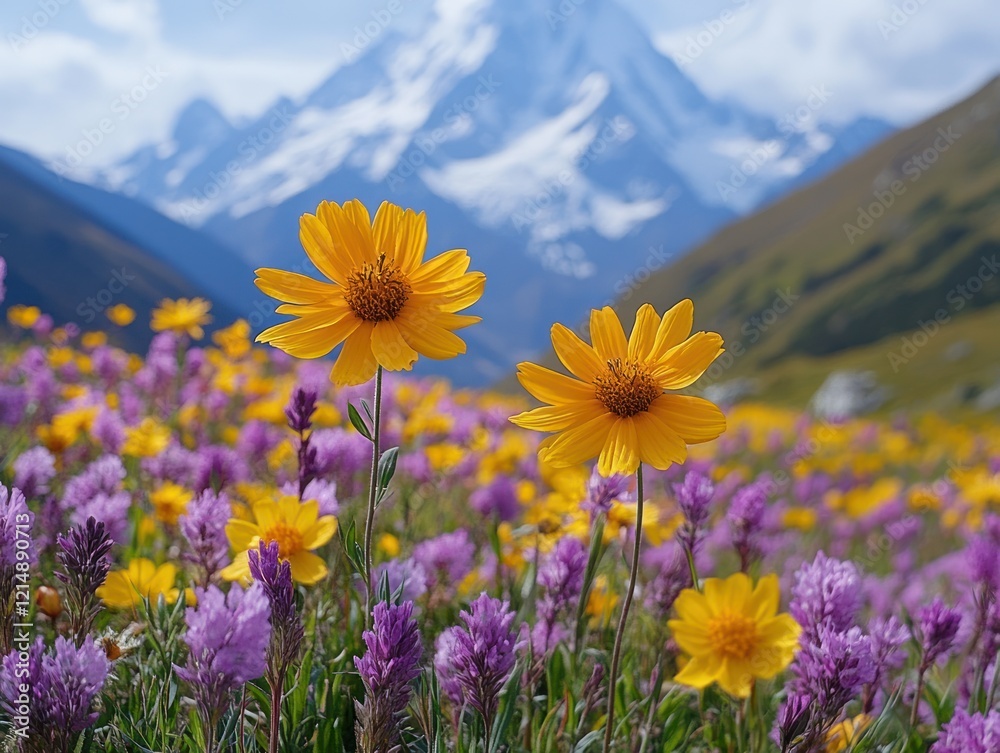 Obraz premium A Vibrant Meadow of Yellow and Purple Flowers Set Against Majestic Snowy Mountain Peaks