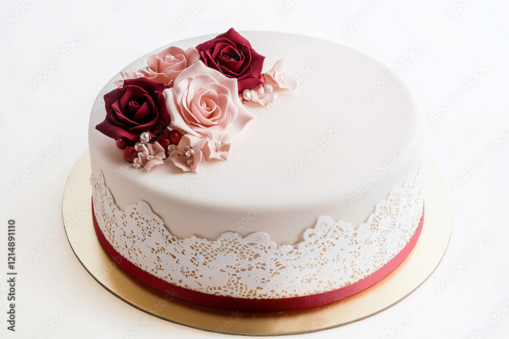 Fototapeta premium Romantic Valentine's cake with delicate sugar lace, soft blush and crimson palette, minimalist elegant composition